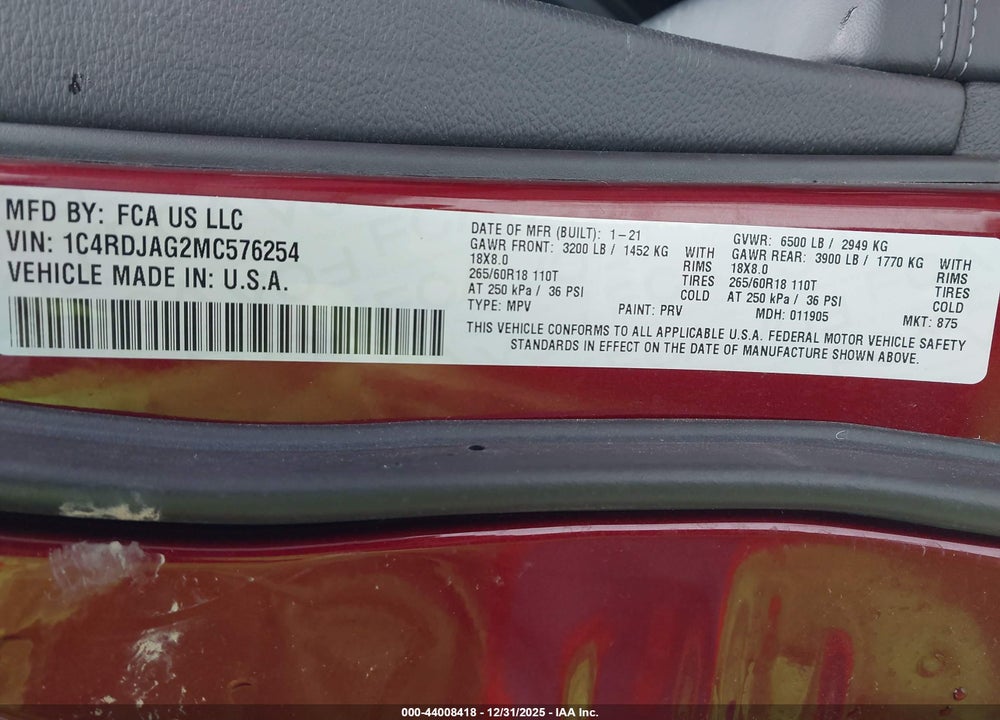 2021 DODGE DURANGO SXT AWD VIN: 1C4RDJAG2MC576254