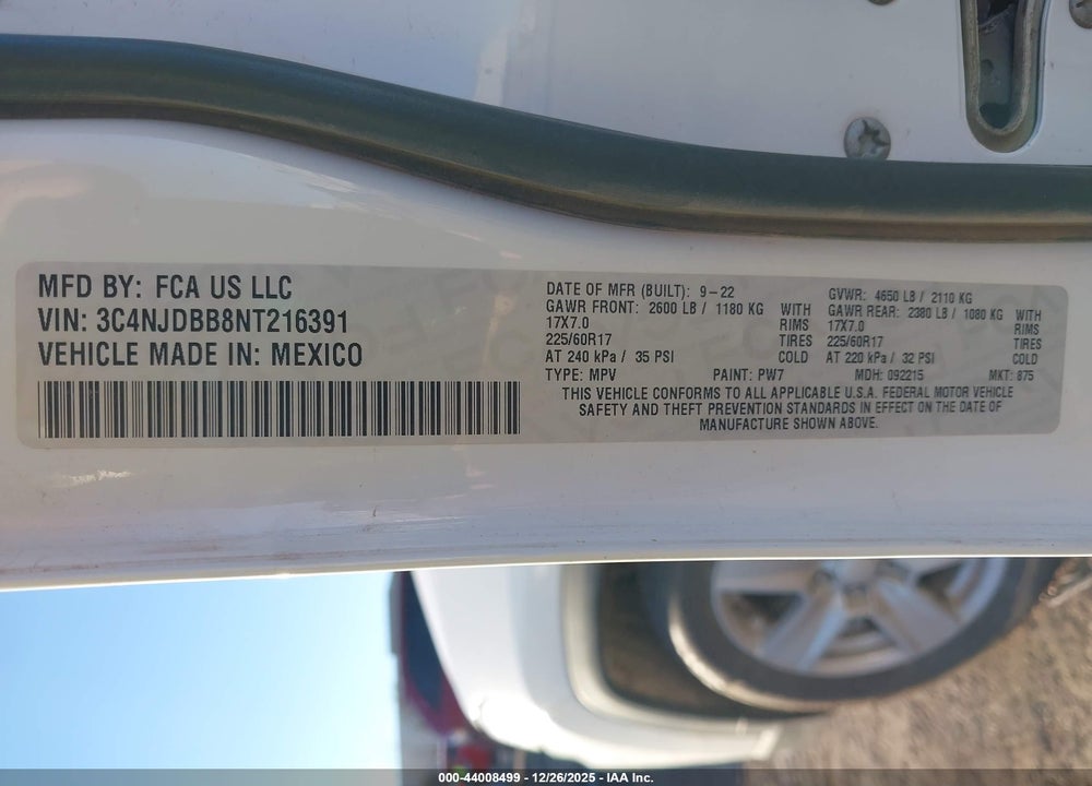 2022 JEEP COMPASS LATITUDE 4X4 VIN: 3C4NJDBB8NT216391