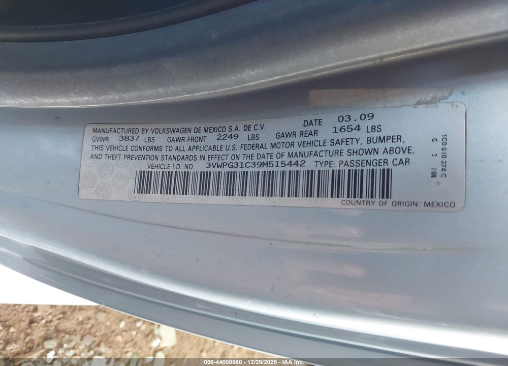 2009 VOLKSWAGEN NEW BEETLE 2.5L VIN: 3VWPG31C39M515442