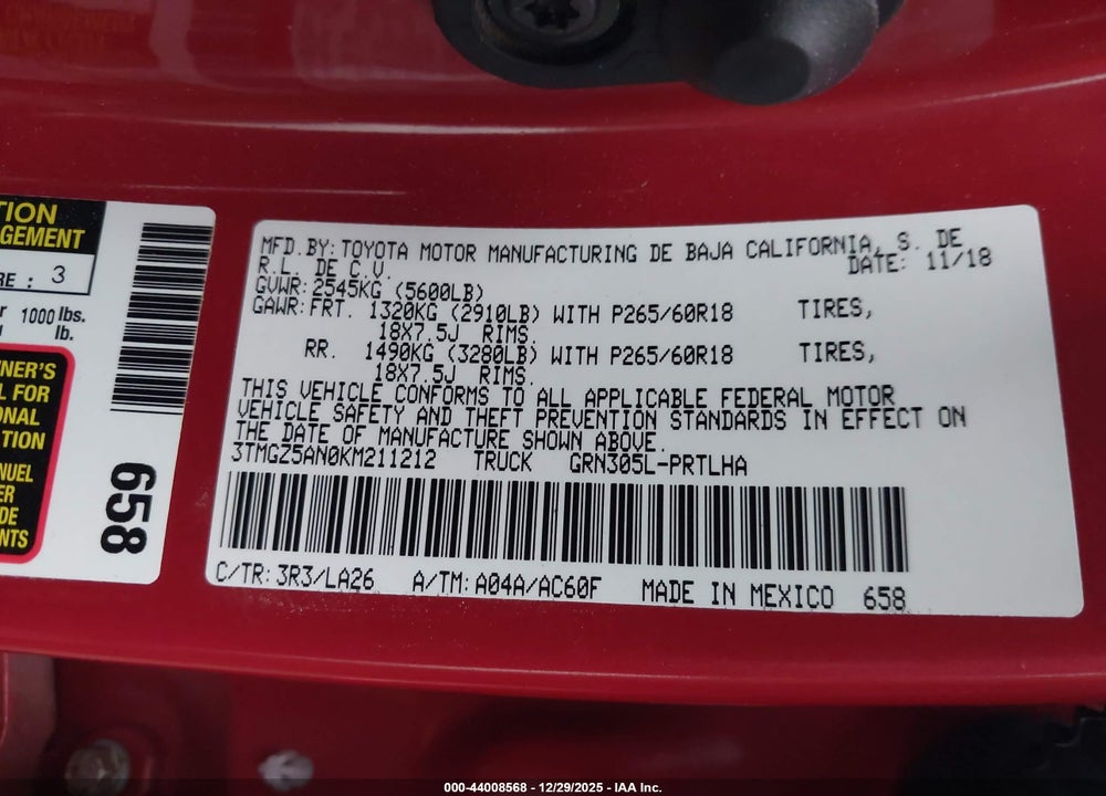 2019 TOYOTA TACOMA LIMITED VIN: 3TMGZ5AN0KM211212