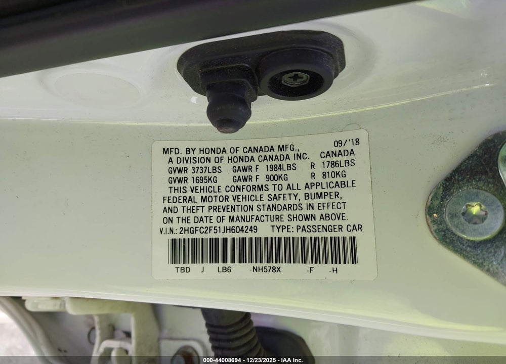 2018 HONDA CIVIC LX VIN: 2HGFC2F51JH604249
