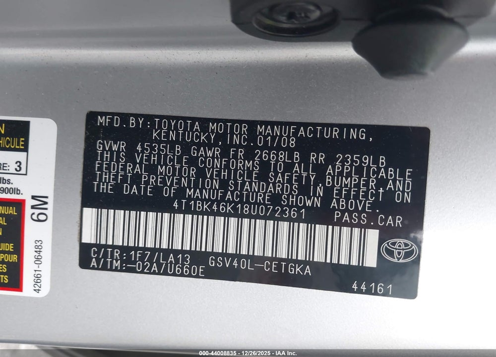 2008 TOYOTA CAMRY XLE V6 VIN: 4T1BK46K18U072361