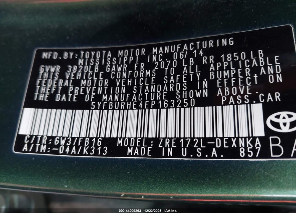 2014 TOYOTA COROLLA LE VIN: 5YFBURHE4EP163250