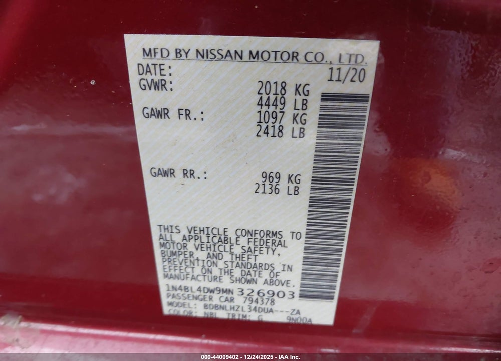 2021 NISSAN ALTIMA SV INTELLIGENT AWD VIN: 1N4BL4DW9MN326903