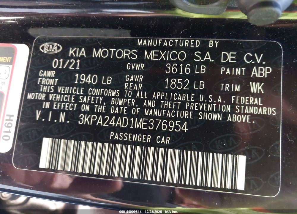 2021 KIA RIO S VIN: 3KPA24AD1ME376954