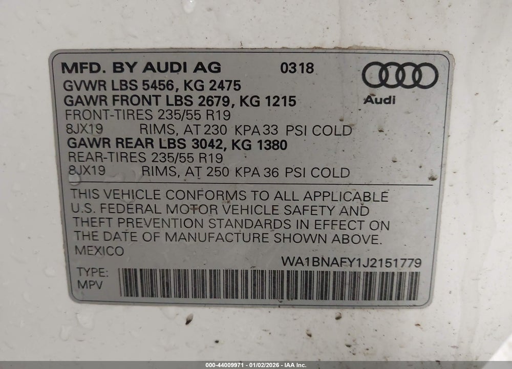 2018 AUDI Q5 2.0T PREMIUM/2.0T TECH PREMIUM VIN: WA1BNAFY1J2151779
