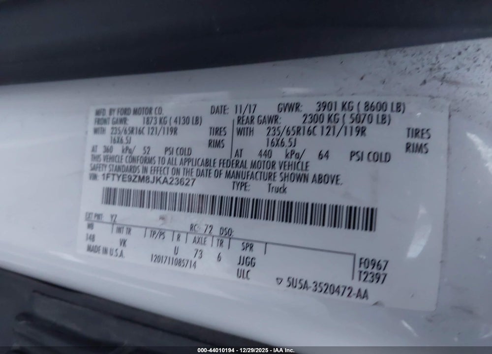 2018 FORD TRANSIT-150 VIN: 1FTYE9ZM8JKA23627