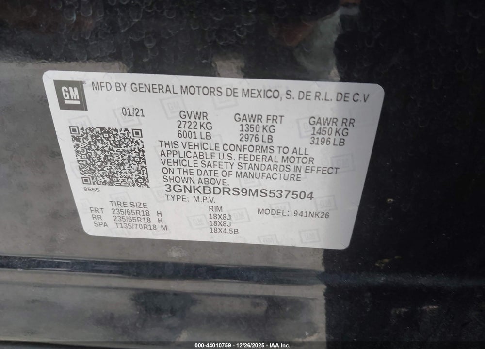 2021 CHEVROLET BLAZER FWD 3LT VIN: 3GNKBDRS9MS537504