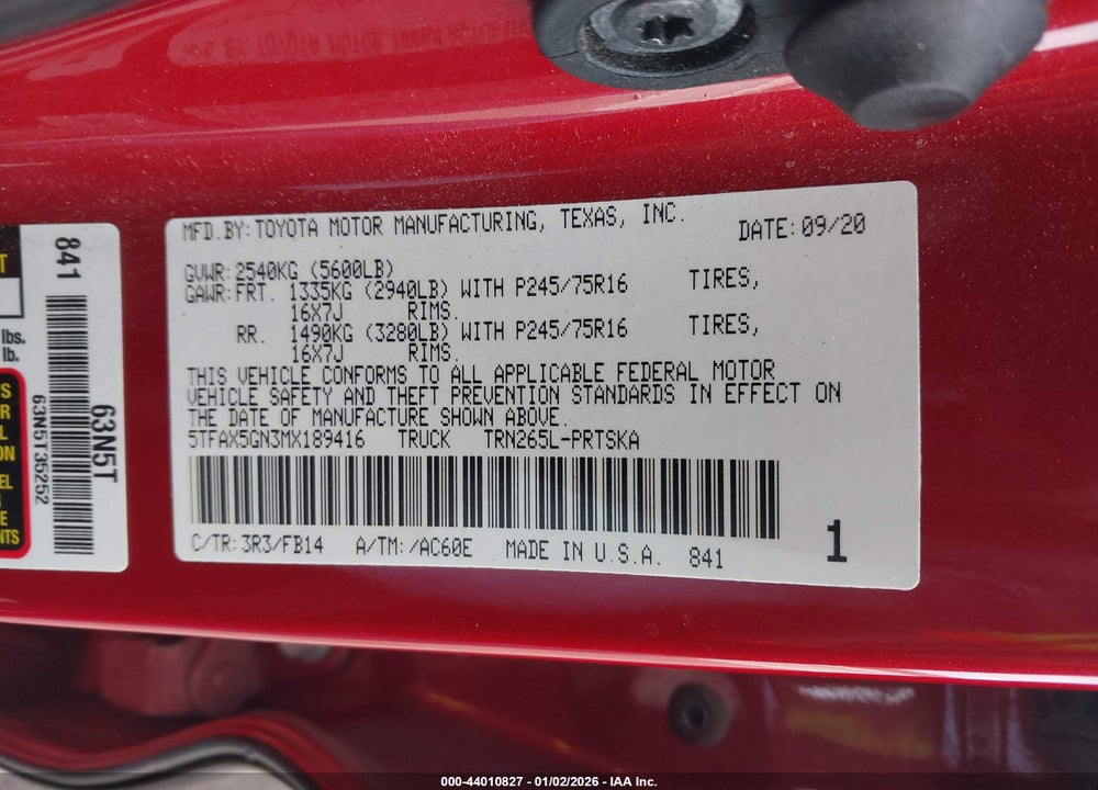 2021 TOYOTA TACOMA SR VIN: 5TFAX5GN3MX189416