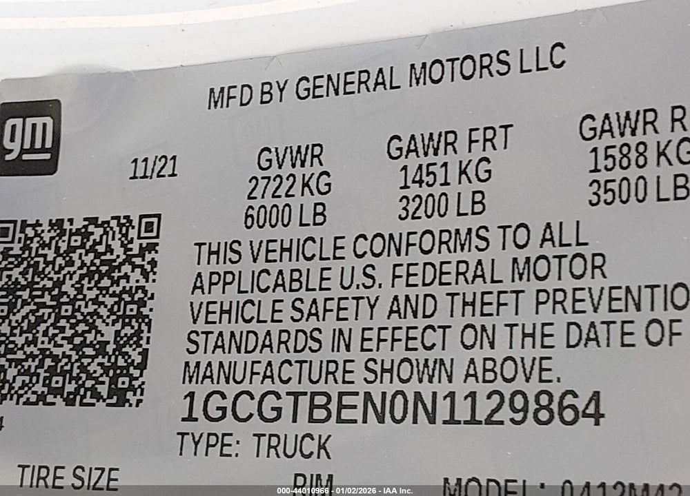 2022 CHEVROLET COLORADO 4WD  SHORT BOX WT VIN: 1GCGTBEN0N1129864