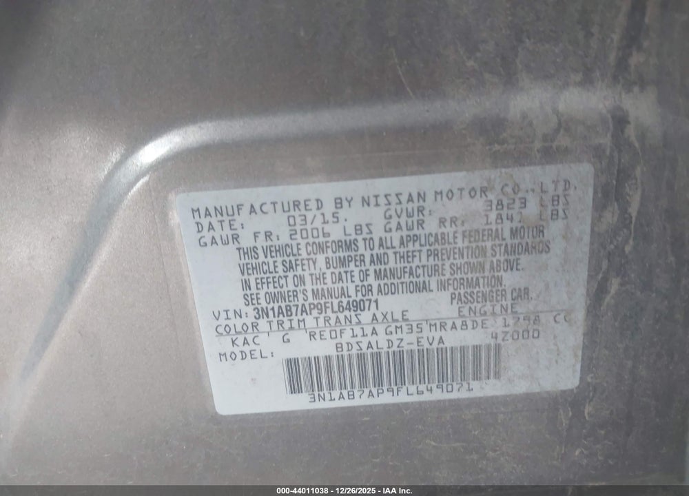 2015 NISSAN SENTRA FE+ S/S/SL/SR/SV VIN: 3N1AB7AP9FL649071