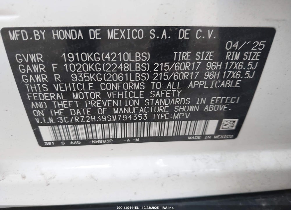 2025 HONDA HR-V AWD LX VIN: 3CZRZ2H39SM794353