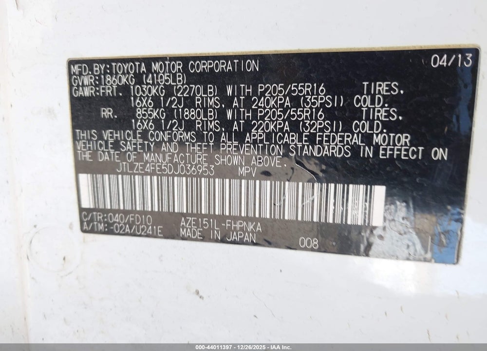 2013 SCION XB 10 SERIES VIN: JTLZE4FE5DJ036953