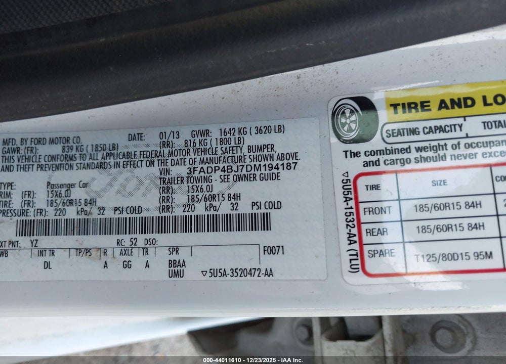 2013 FORD FIESTA SE VIN: 3FADP4BJ7DM194187