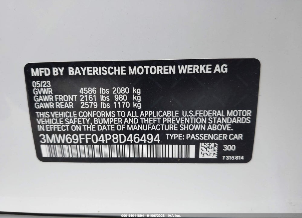 2023 BMW 330I VIN: 3MW69FF04P8D46494