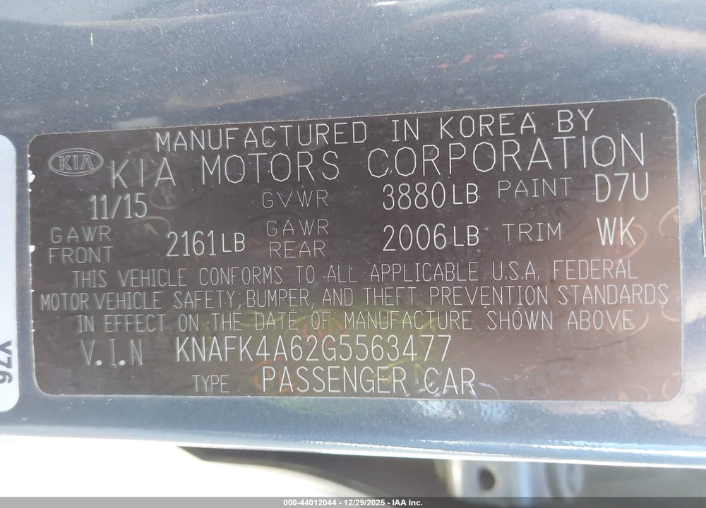 2016 KIA FORTE LX VIN: KNAFK4A62G5563477