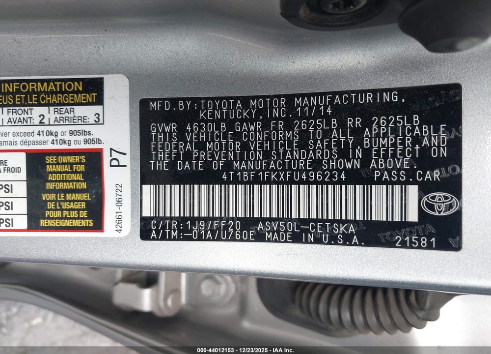 2015 TOYOTA CAMRY SE VIN: 4T1BF1FKXFU496234