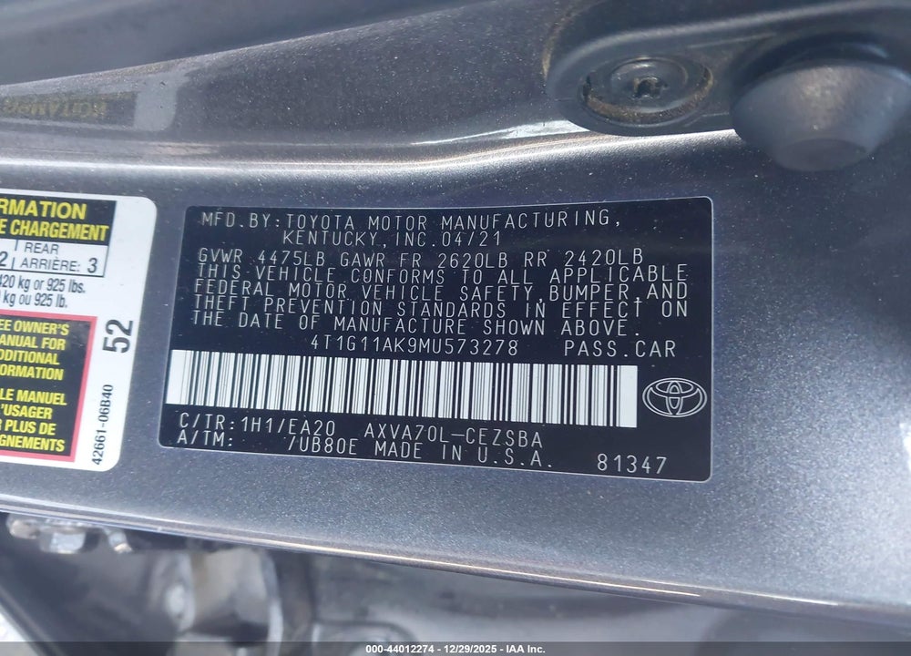 2021 TOYOTA CAMRY SE VIN: 4T1G11AK9MU573278