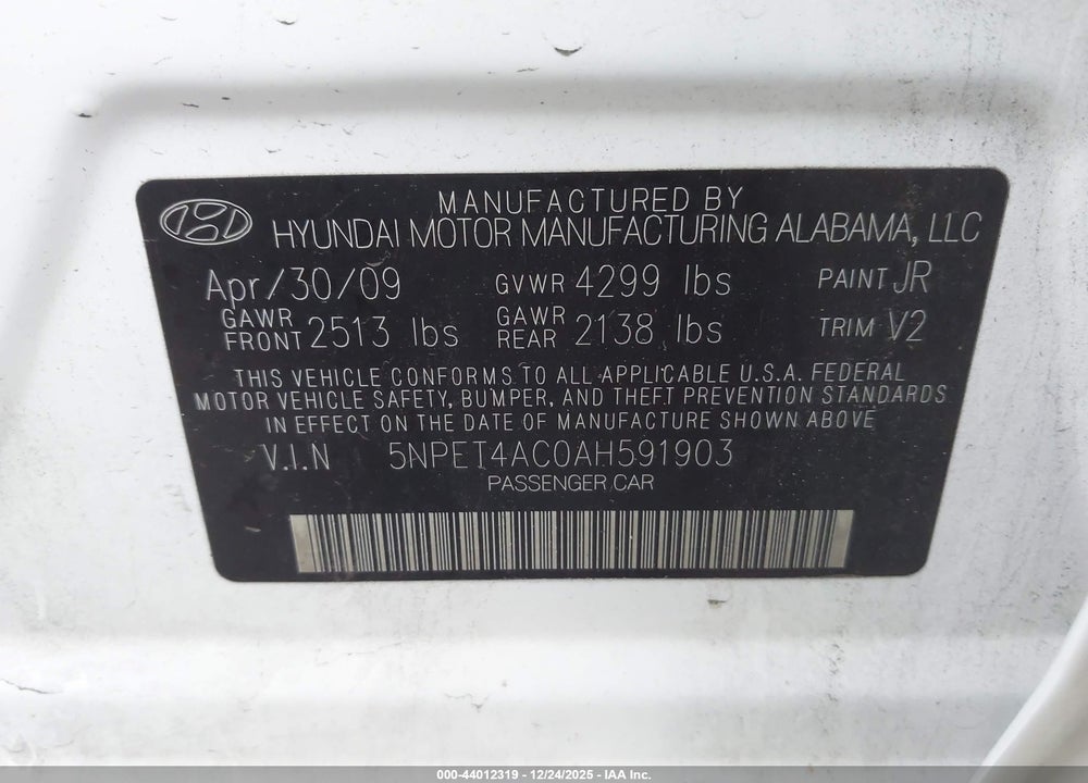 2010 HYUNDAI SONATA GLS VIN: 5NPET4AC0AH591903