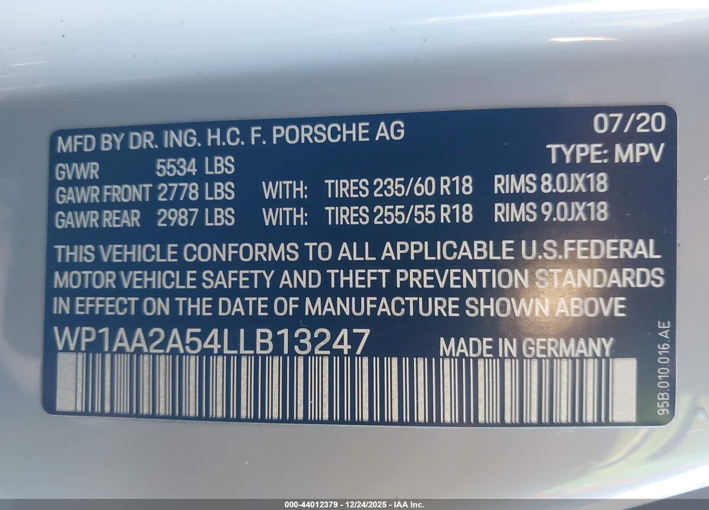 2020 PORSCHE MACAN VIN: WP1AA2A54LLB13247