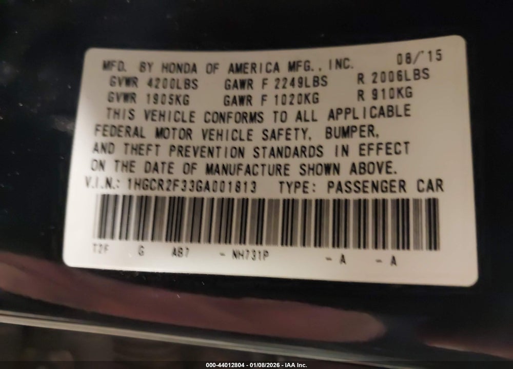 2016 HONDA ACCORD LX VIN: 1HGCR2F33GA001813