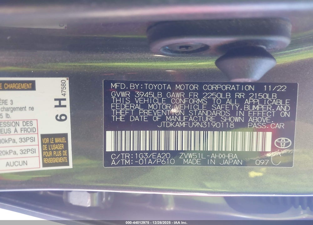 2022 TOYOTA PRIUS XLE VIN: JTDKAMFU9N3190118