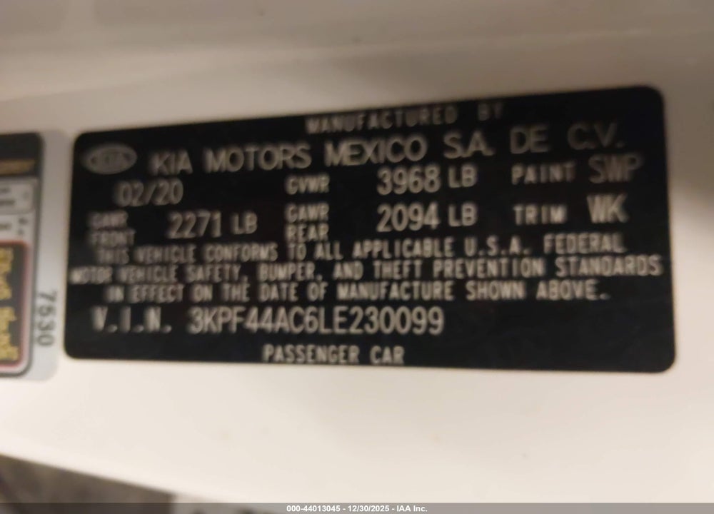 2020 KIA FORTE GT VIN: 3KPF44AC6LE230099