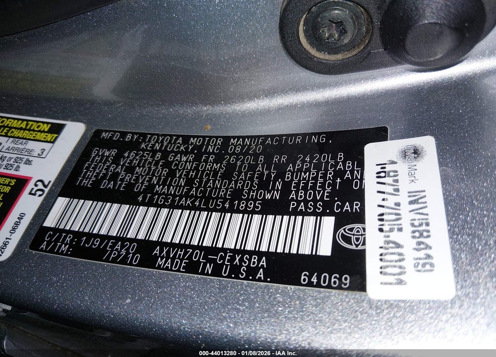 2020 TOYOTA CAMRY HYBRID SE VIN: 4T1G31AK4LU541895