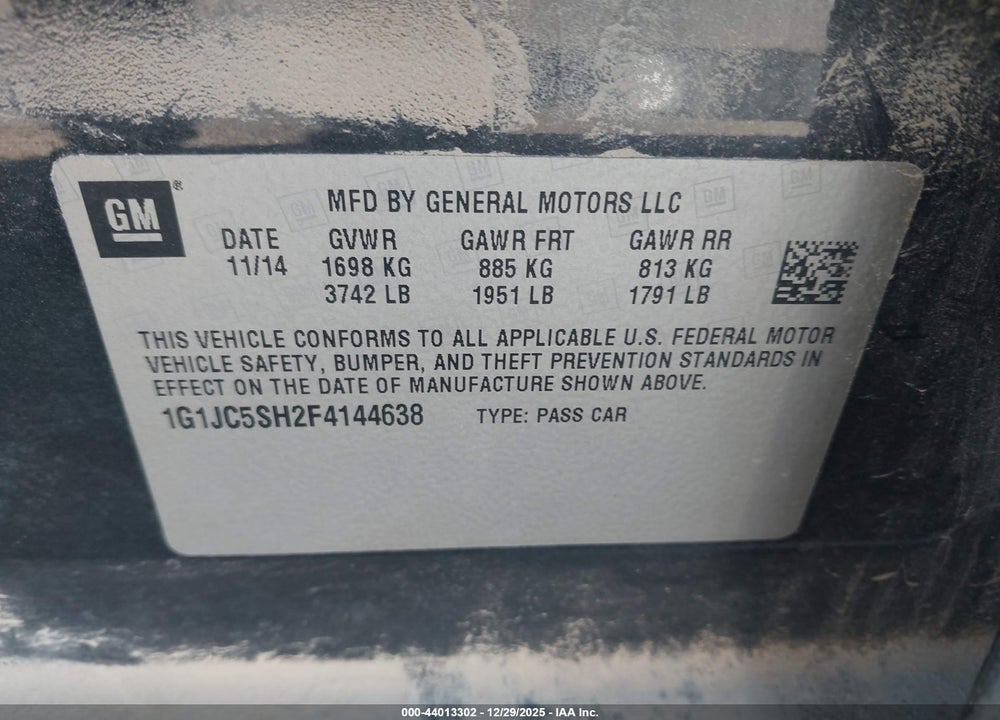 2015 CHEVROLET SONIC LT AUTO VIN: 1G1JC5SH2F4144638