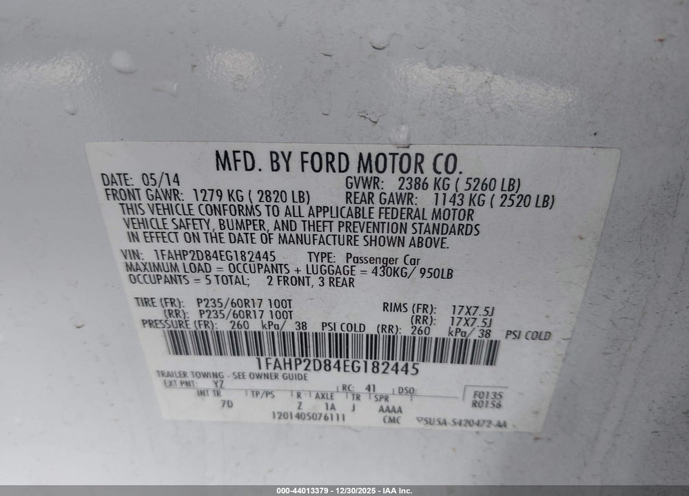 2014 FORD TAURUS SE VIN: 1FAHP2D84EG182445