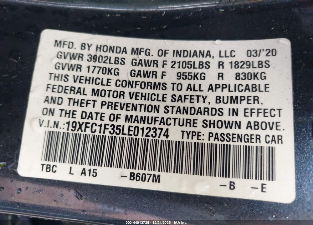 2020 HONDA CIVIC EX VIN: 19XFC1F35LE012374