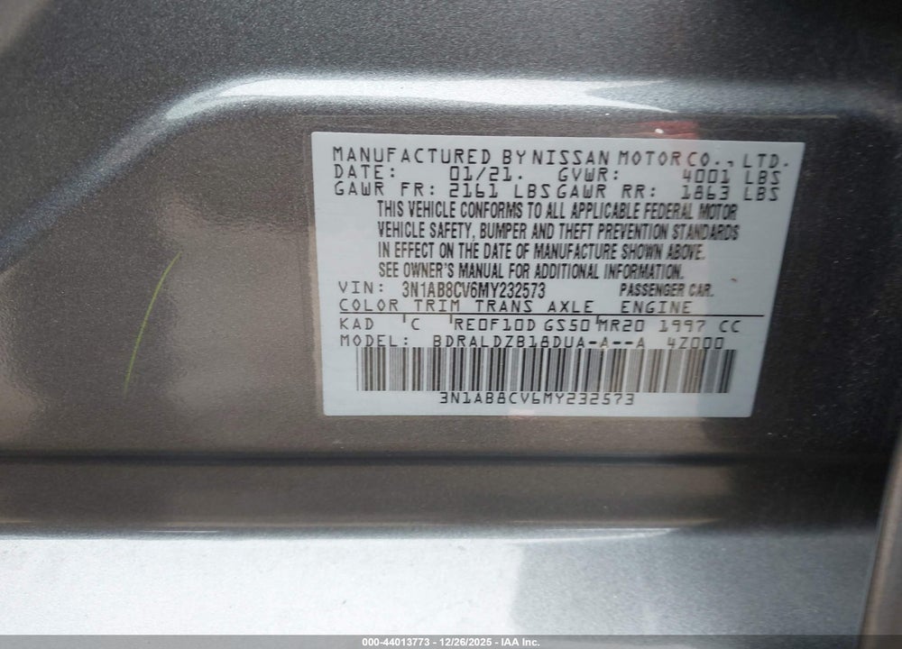 2021 NISSAN SENTRA SV XTRONIC CVT VIN: 3N1AB8CV6MY232573