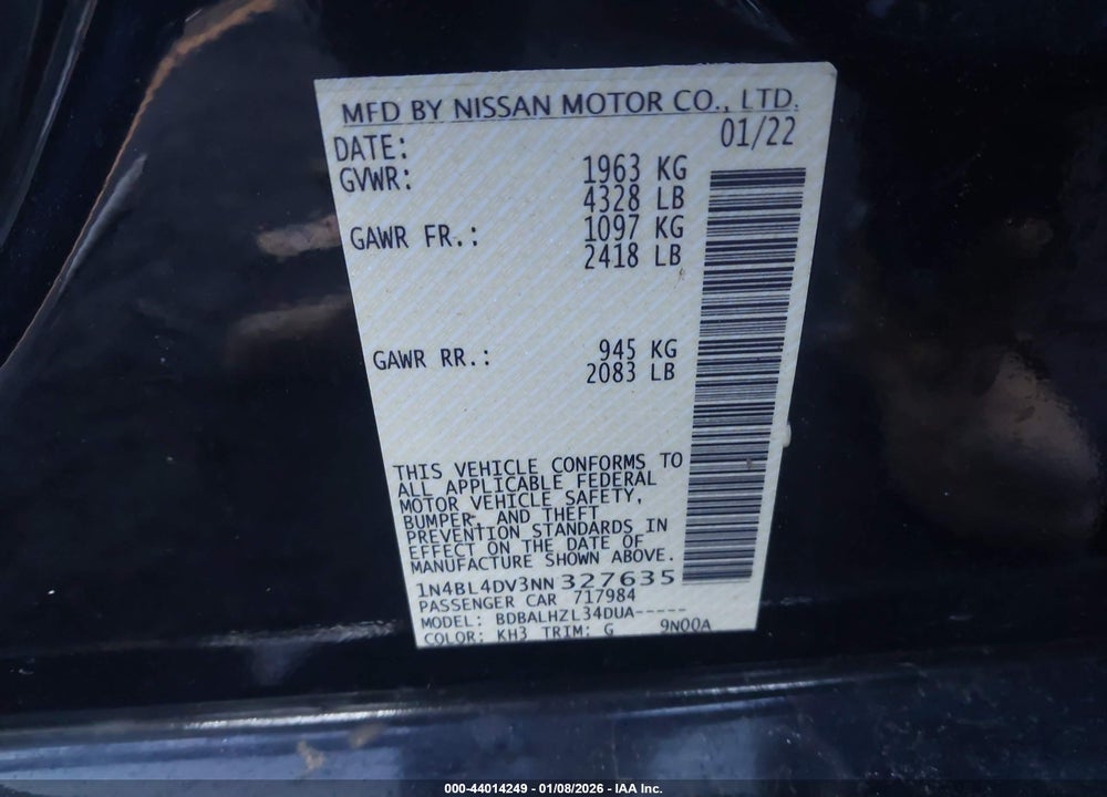 2022 NISSAN ALTIMA SV FWD VIN: 1N4BL4DV3NN327635