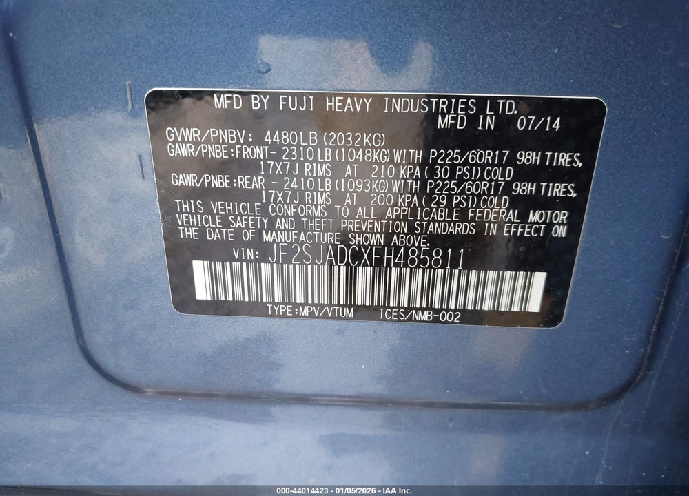 2015 SUBARU FORESTER 2.5I PREMIUM VIN: JF2SJADCXFH485811