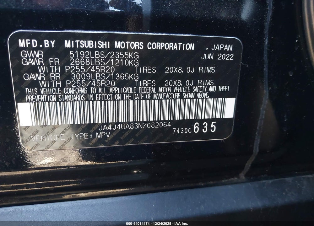 2022 MITSUBISHI OUTLANDER BLACK EDITION S-AWC/SE 2.5 S-AWC/SE LAUNCH EDITION S-AWC VIN: JA4J4UA83NZ082064