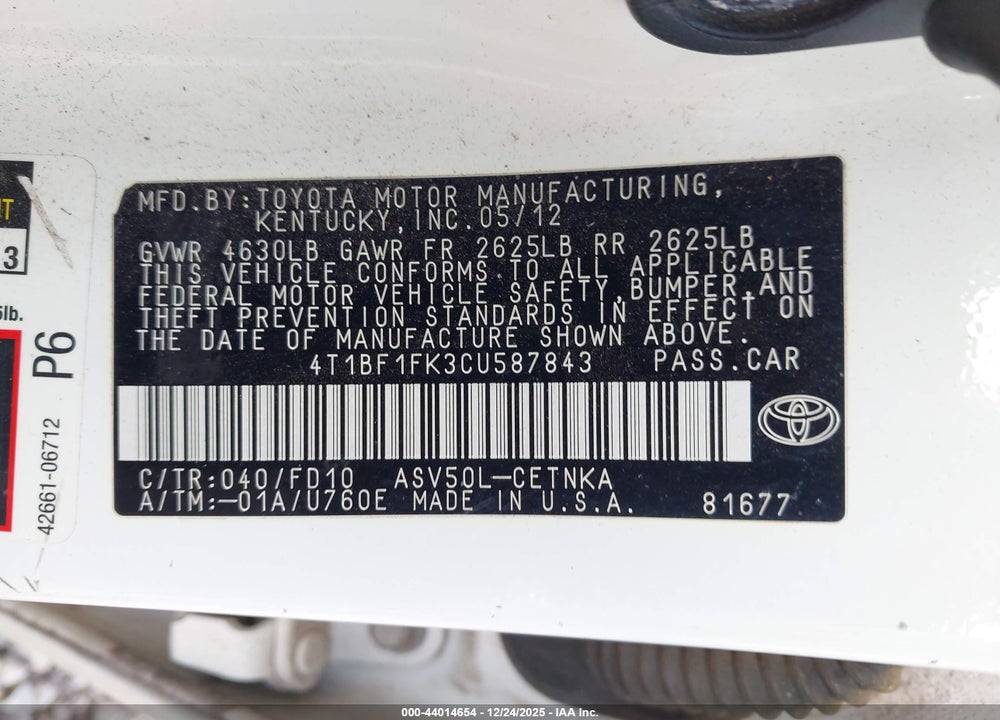 2012 TOYOTA CAMRY BASE VIN: 4T1BF1FK3CU587843