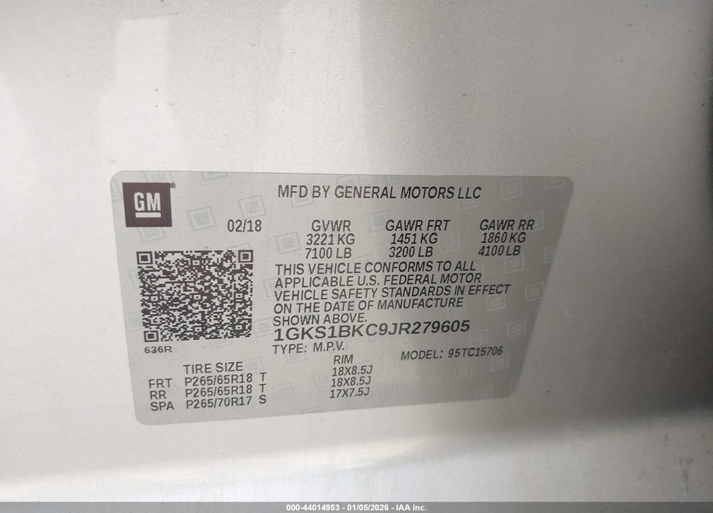 2018 GMC YUKON SLT VIN: 1GKS1BKC9JR279605