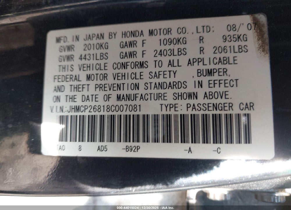 2008 HONDA ACCORD 2.4 EX-L VIN: JHMCP26818C007081