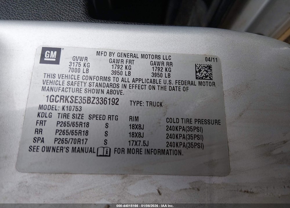 2011 CHEVROLET SILVERADO 1500 LT VIN: 1GCRKSE35BZ336192