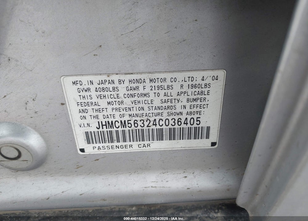 2004 HONDA ACCORD 2.4 LX VIN: JHMCM56324C036405