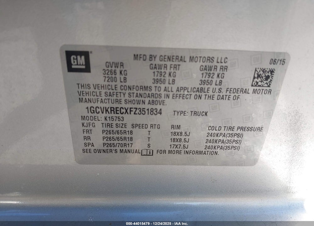 2015 CHEVROLET SILVERADO 1500 1LT VIN: 1GCVKRECXFZ351834