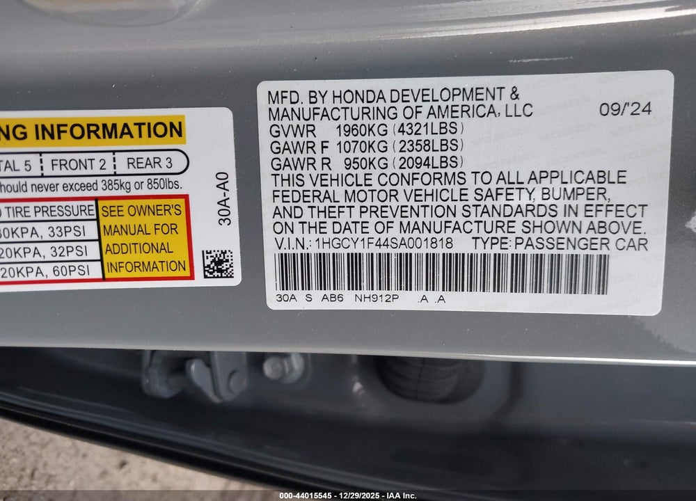 2025 HONDA ACCORD SE VIN: 1HGCY1F44SA001818