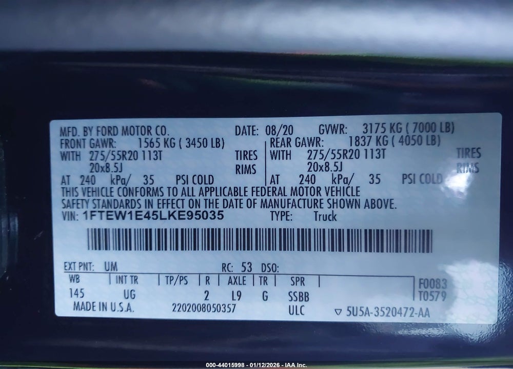 2020 FORD F-150 XLT VIN: 1FTEW1E45LKE95035