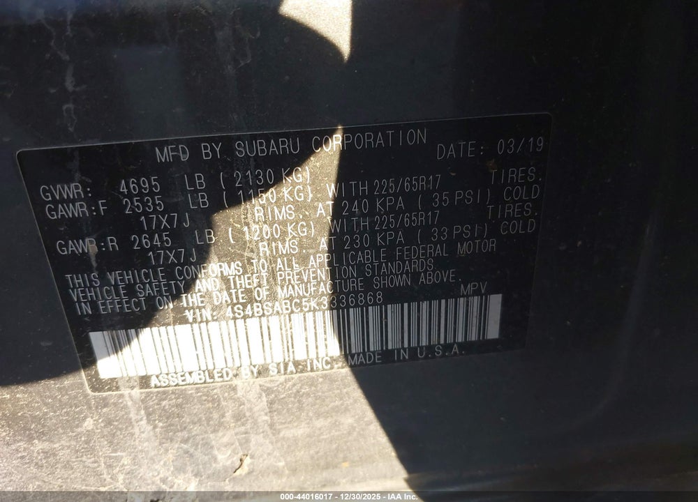 2019 SUBARU OUTBACK 2.5I VIN: 4S4BSABC5K3336868