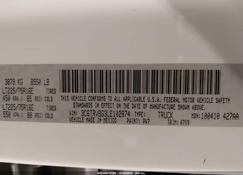 2020 RAM PROMASTER 1500 HIGH ROOF 136 WB VIN: 3C6TRVBG3LE102874