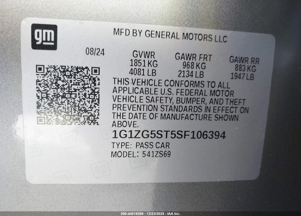 2025 CHEVROLET MALIBU FWD RS VIN: 1G1ZG5ST5SF106394