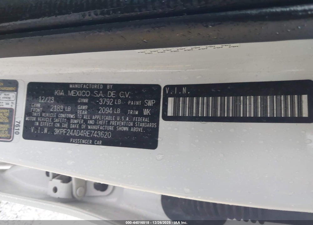 2024 KIA FORTE LXS VIN: 3KPF24AD4RE743620