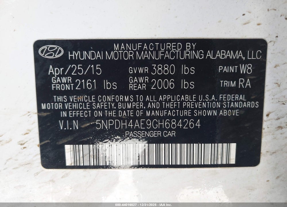 2016 HYUNDAI ELANTRA SE VIN: 5NPDH4AE9GH684264