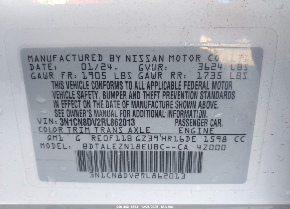2024 NISSAN VERSA 1.6 S VIN: 3N1CN8DV2RL862013