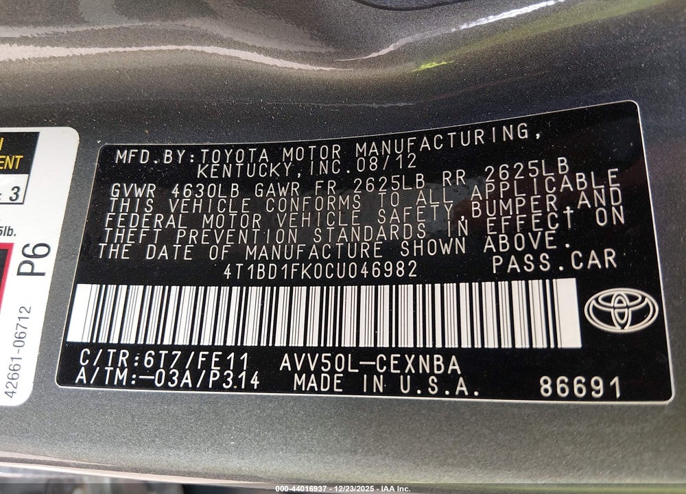 2012 TOYOTA CAMRY HYBRID LE VIN: 4T1BD1FK0CU046982